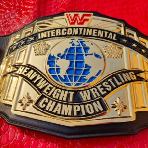 WWF Red Block Logo IC Wrestling Championship Replica Title Belt - 24K Gold Plated with Black Leather & WF Stamp