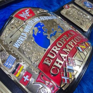 WWF Scratch Logo European Championship Replica Belt – 24K Gold Plated Zinc Plates with White Lettering, Genuine Black Leather Strap & Red Leather Backing (Attitude Era)